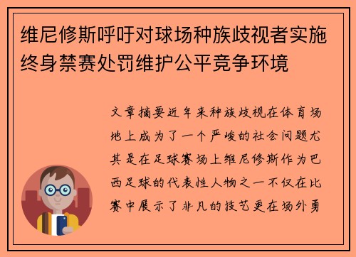 维尼修斯呼吁对球场种族歧视者实施终身禁赛处罚维护公平竞争环境