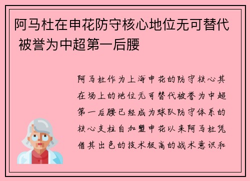 阿马杜在申花防守核心地位无可替代 被誉为中超第一后腰